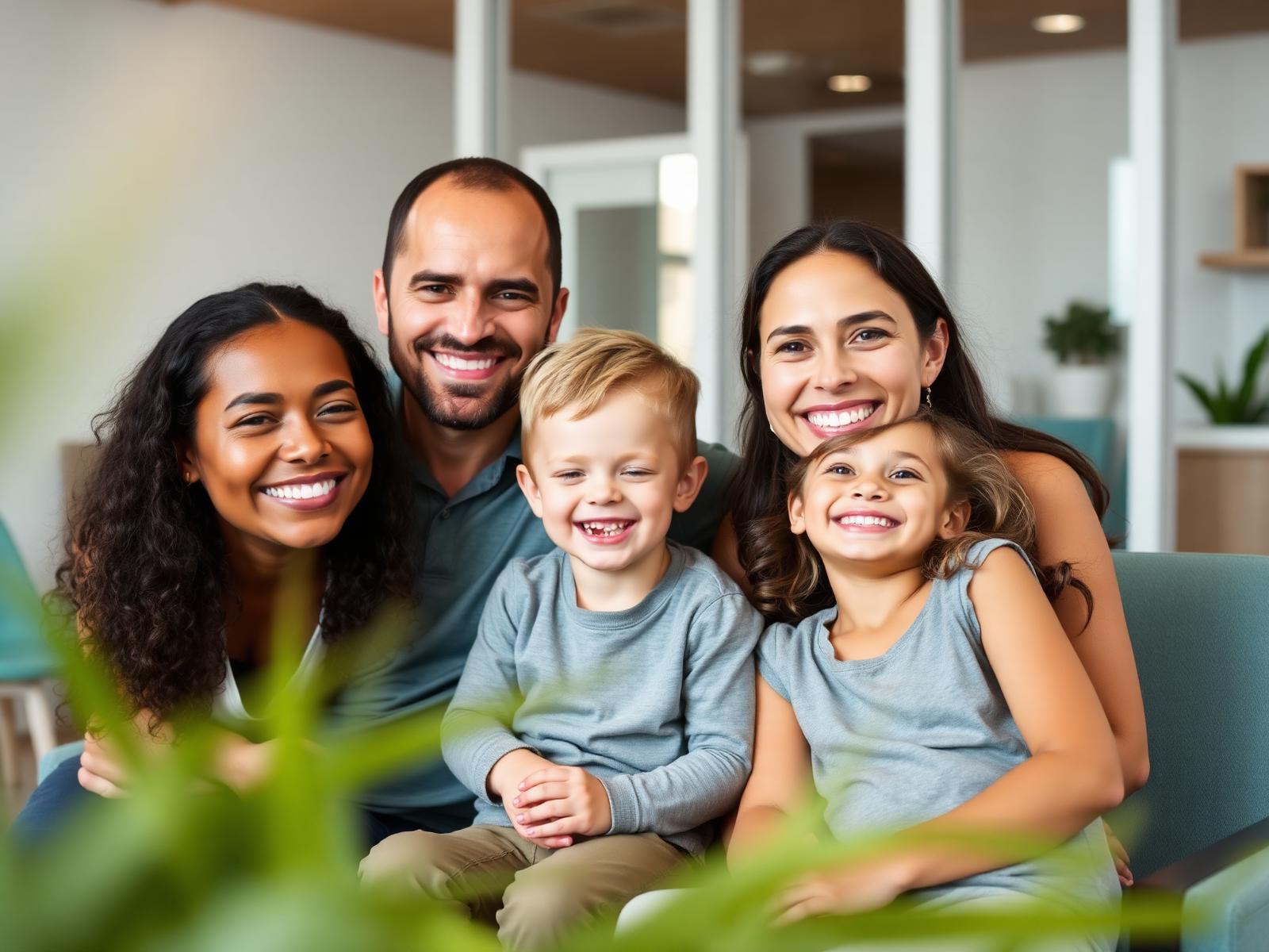 Happy family smiling in a bright dental clinic